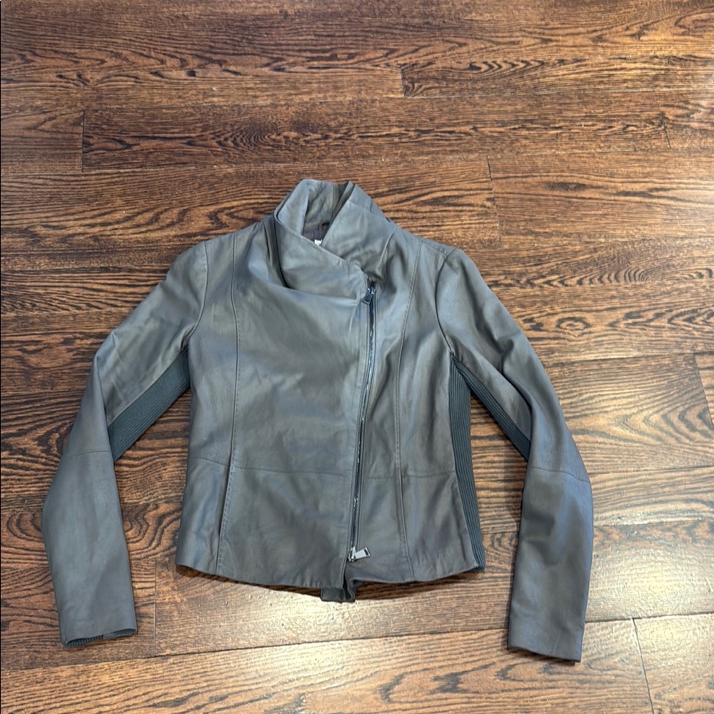 Vince Grey Leather Asymmetrical Zip Jacket